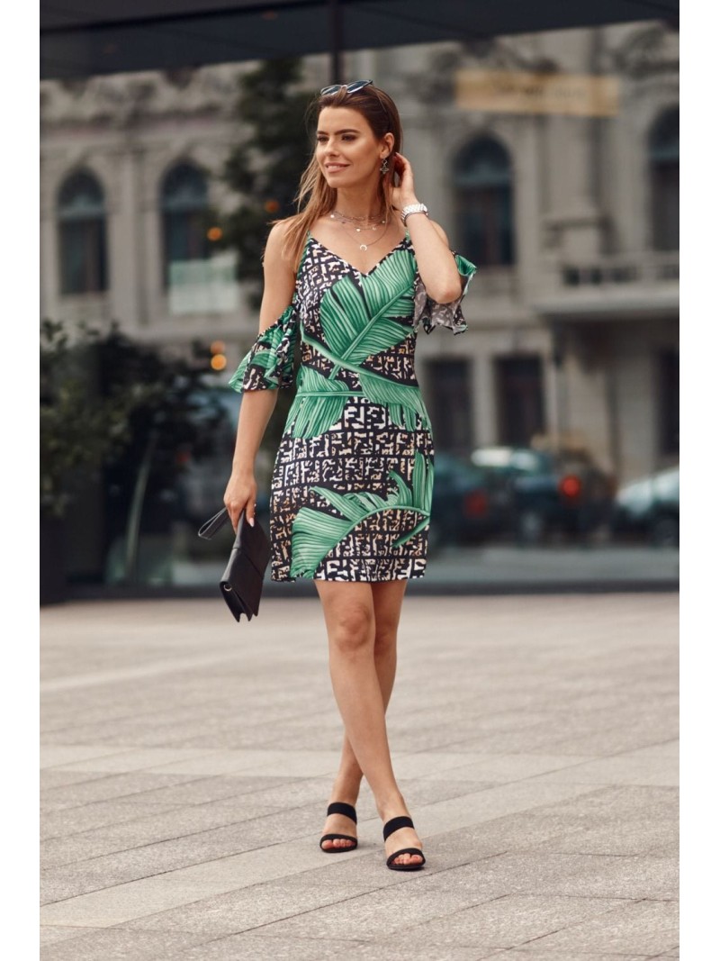 Strap dress with sleeves with green leaves, black PR3215 - Online store - Boutique